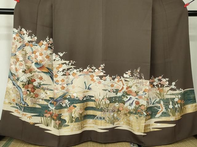 花柳流 紋付き 正絹着物 平和屋着物□豪華色留袖 駒刺繍 花鳥枝梅文 金銀彩 正絹 逸品