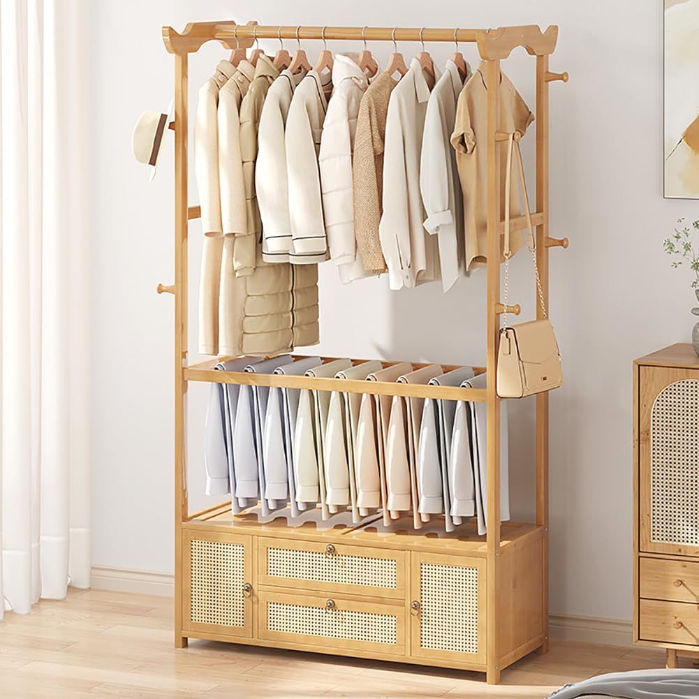 在庫処分】多機能収納 軽量 組立簡単 天然竹製 ワードローブ コート  
