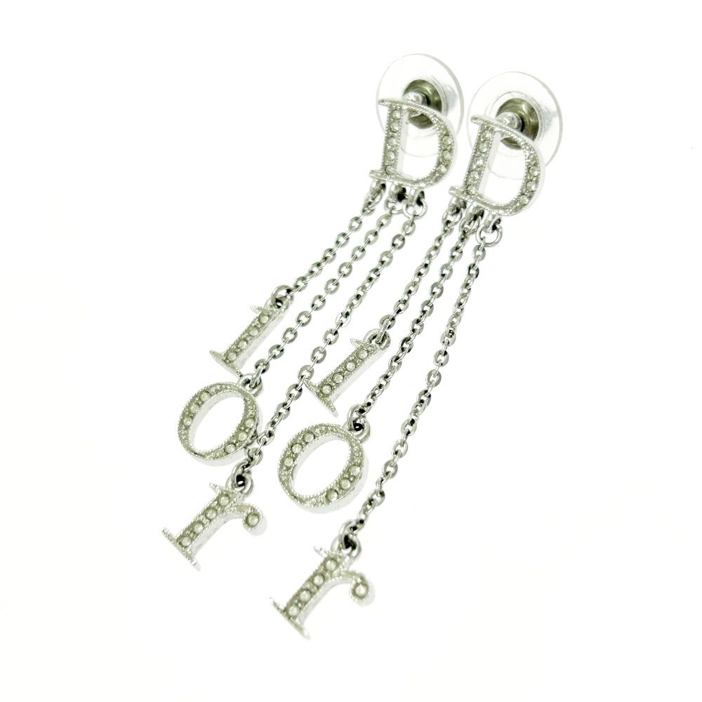 箱付き】 Christian Dior クリスチャンディオール メタル ラインストーン Diorロゴ スイング ピアス レディース シルバー  491945 ディオール ピアス スイング ラインストーン Dior ロゴ 銀色 シルバー