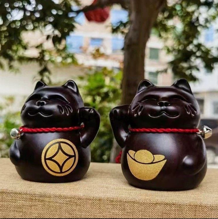 金運 招福 ペア招き猫 縁起物 幸運 繁盛 開店祝い 贈り物 開運 商売繁盛 アイテム 風水 グッズ 招財 木彫り 置物 高さ8cm