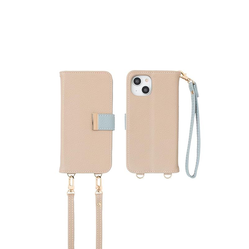 新品　MINTY iPhone14 ケース iPhone13 ケース 両機種対応 手帳型 ショルダー ストラップ バイカラー グレージュ×グレイッシュブルー