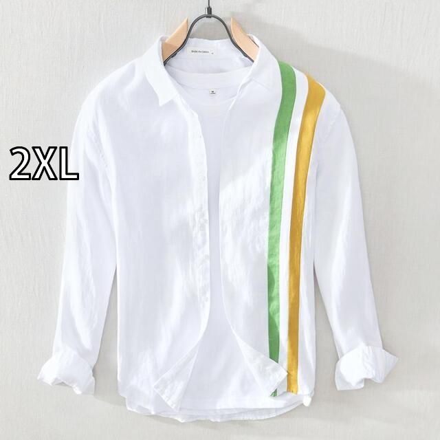 [2XL]メンズ ファッション 服 男性用 オシャレ シンプル 大人 かっこいい 大きいサイズ ストリート 紳士服 夏 リネン 長袖 シャツ カジュアル ストライプ 綿麻生地 シャツ トップス