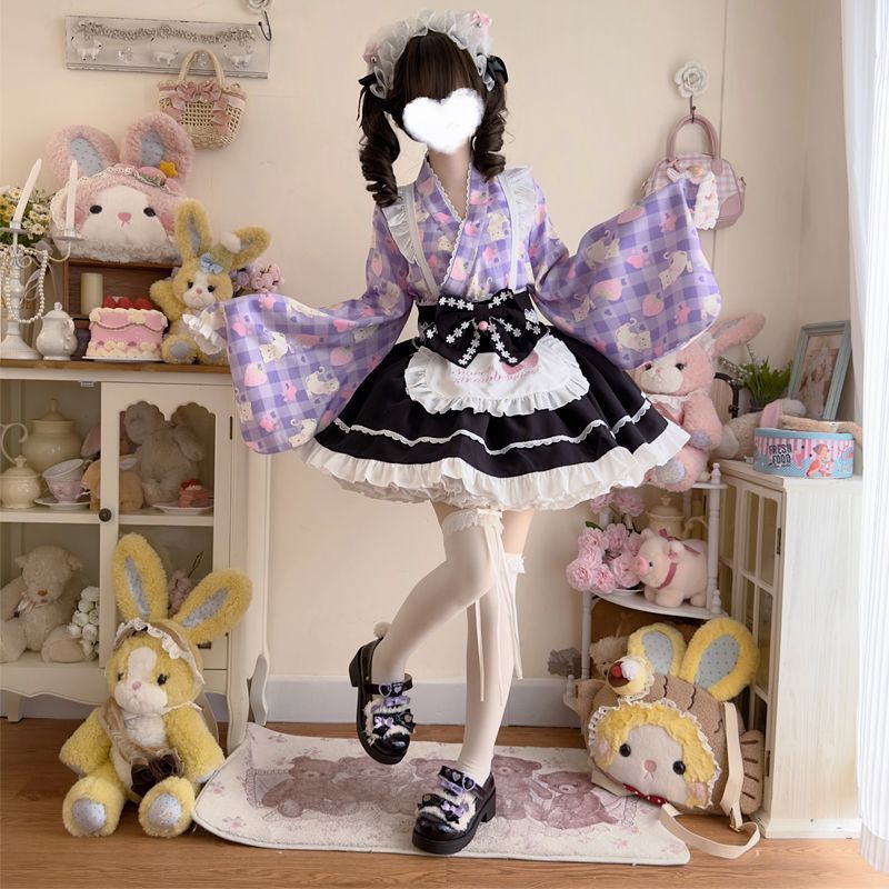 期間限定割引40%！ 夏季 猫モチーフ 和風メイド改良版 ロリータ洋装 上衣 スカート エプロン ウエストベルト 蝶結び付き 撮影用 コスプレ ロリータファッション イベント衣装 萌え系期間 613