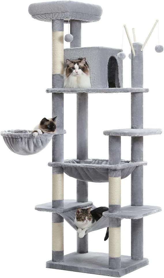【在庫処分】PAWZ Road キャットタワー スリム 多頭飼い 大型猫用 猫タワー 人気 据え置き 猫じゃらし3本付き 省スペース 登りやすい 安定 厚さ2.4cm土台 広いハンモック 見晴台 ねこハウス ボン