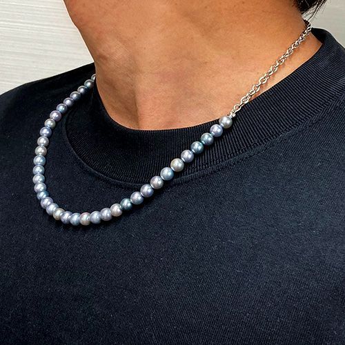 メンズパールネックレス アコヤ真珠 チェーン ミックス 50cm 約