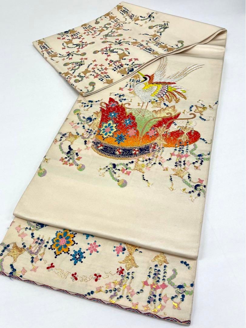 龍村平蔵 千代乃冠錦 本袋帯 鶴 鳥 金糸 正絹