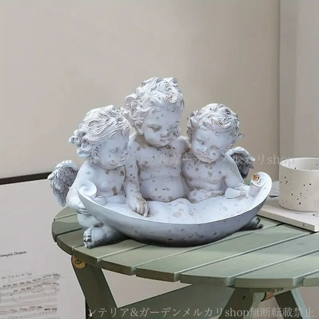 インテリア 樹脂 ガーデン雑貨 お洒落 彫刻 ガーデンオブジェ ホワイト ガーデニング おしゃれ シャビーシック ヴィンテージ調 小物入れ 庭の装飾 4-7 雑貨 ガーデン エンジェル ガーデンインテリア 庭 天使 シャビー加工 白