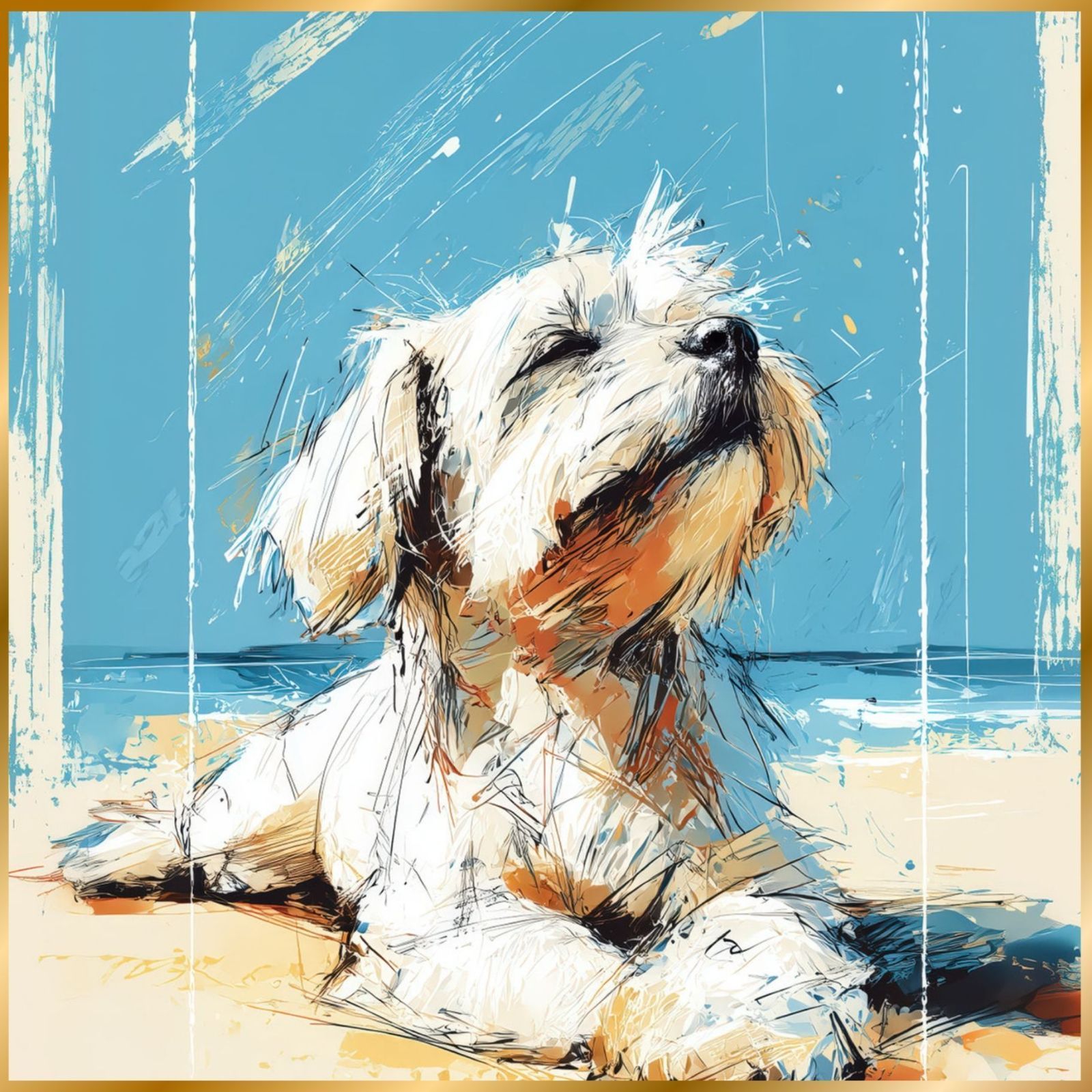 マルチーズ犬とビーチのスケッチ No.3 海 犬の絵 犬のイラスト おしゃれ ミニマリスト ミニマリズム シンプル インテリアアート ペットロス うちの子 記念日 アートポスター ギフト プレゼント