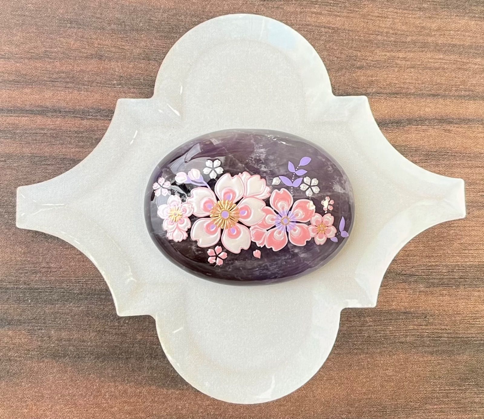 ☆〜天然石 高品質クリアアメジスト 蒔絵風 桜 帯留め 40×30 