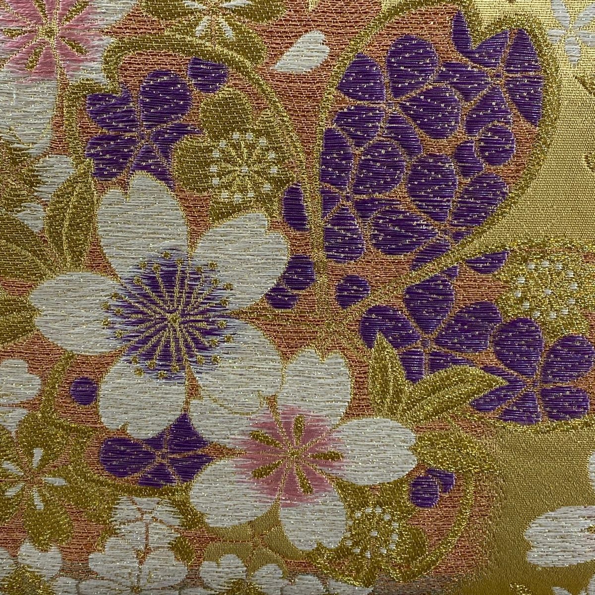 中古美品 紫色に牡丹桜柄 袋帯 tkb802_3.jpg