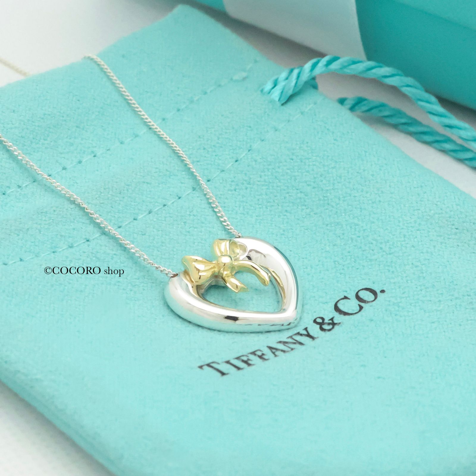 Tiffany　オープンハート　コンビ　ネックレス　Ag925　Au750 美品】ティファニー TIFFANY&Co. ハート リボン コンビ ネックレス