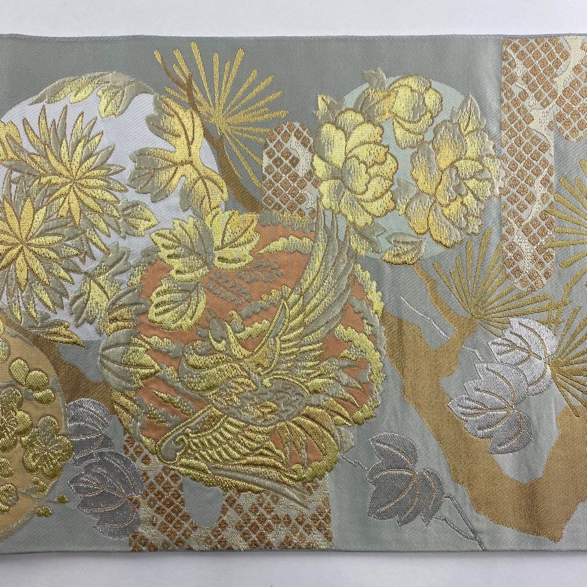 袋帯 美品 名品 川島織物 落款 鳳凰 枝梅 金銀糸 箔 灰緑 六通