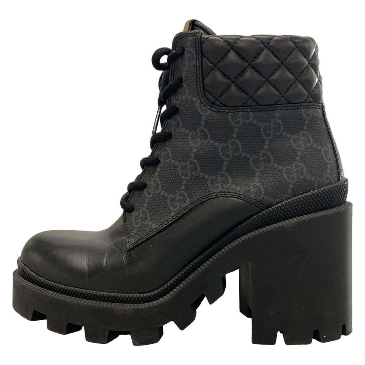 GUCCI グッチ ショートブーツ 36 レディース GGスプリーム 659691 黒×グレー キルティング|ディテール付き|スネーク|21AW レザー