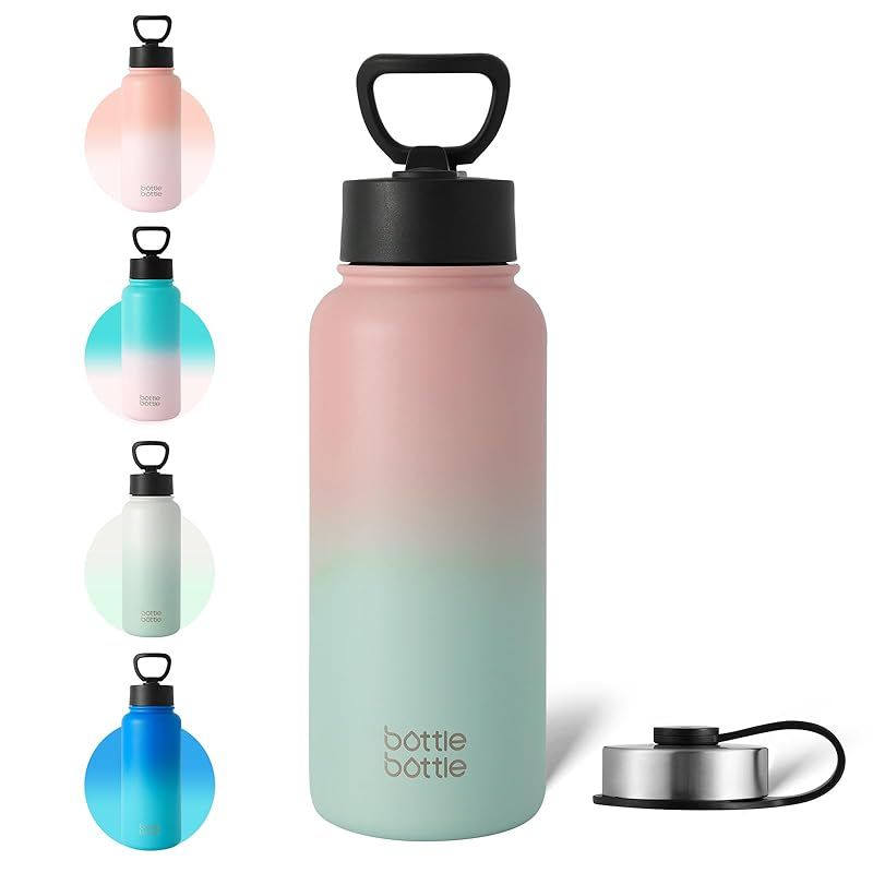 BOTTLE BOTTLE 1リットル 水筒 子供 直飲み 保温保冷 真空断熱 ボトル ステンレス ウォーターボトル 持ち運び ボトル (ピンク＆グリーン) 0
