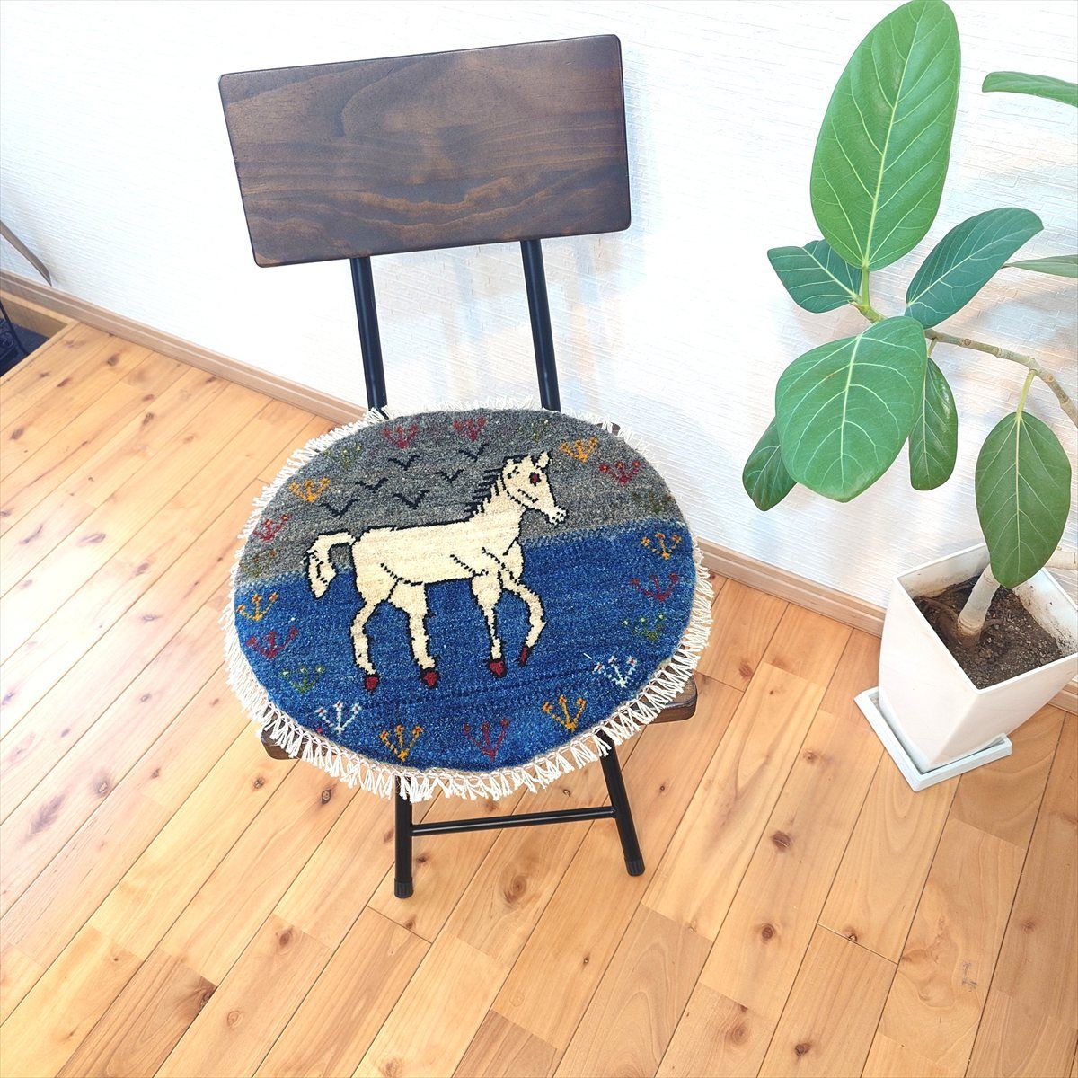 ペルシャ　アマレバフト　ミニマット　円形　40×40　藍色　馬　生命の木 ペルシャ アマレバフト ミニマット 円形 40×40 藍色 馬 生命の木