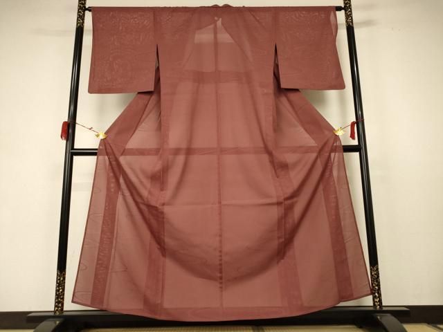 平和屋着物＊夏物 色無地 絽 流水紋紗 赤褐色 洗える着物 AABC1829jd