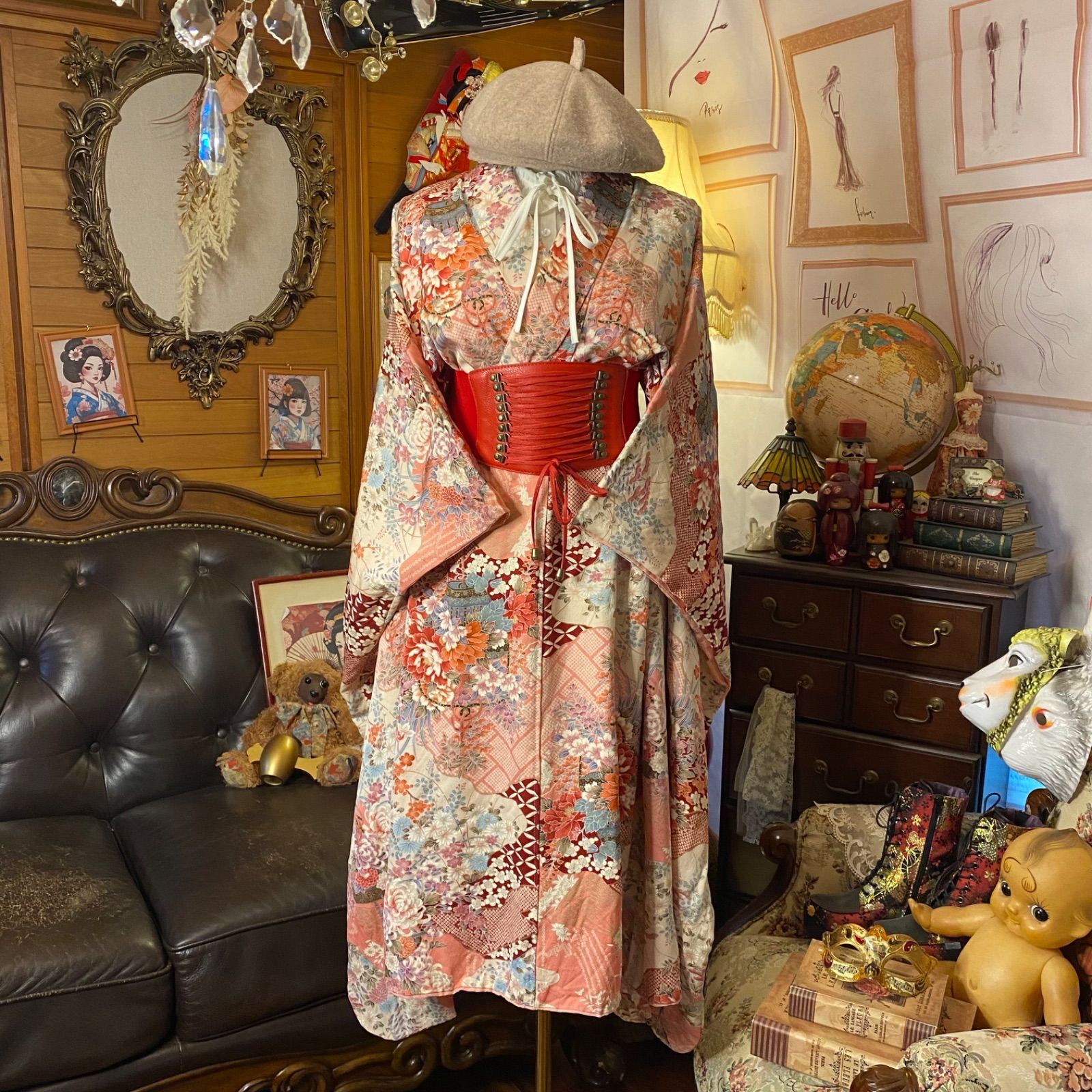 訳あり 振袖着物リメイクワンピース ドレス 和洋折衷 レトロ 古着