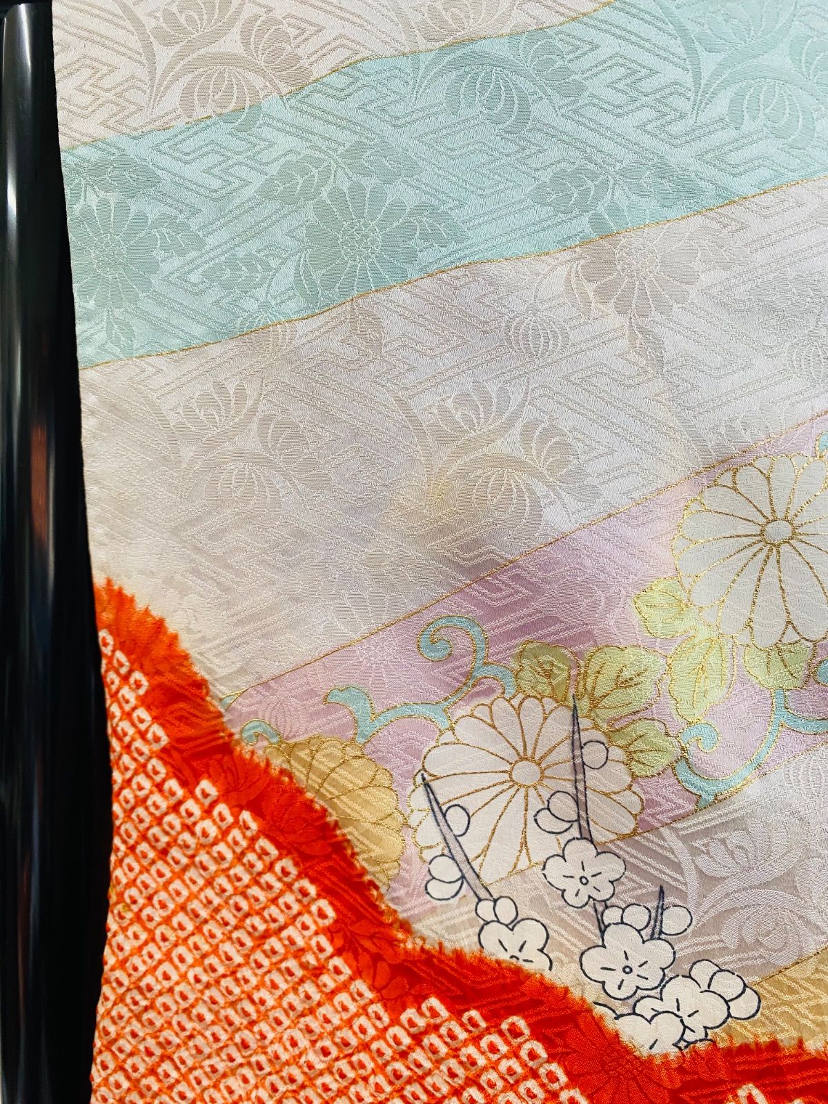 着物】振袖 アンティーク振袖 アンティーク 袷 絞り 金糸 雲鳥花