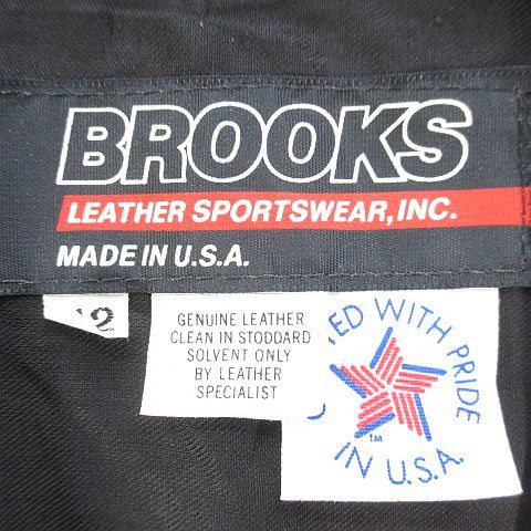 ブルックス BROOKS レザーベスト ジレ 本革 42 黒系 ブラック アメリカ製 ジップアップ ポケット 裏地 無地 CAMPINGPARCCENTRAL_COM