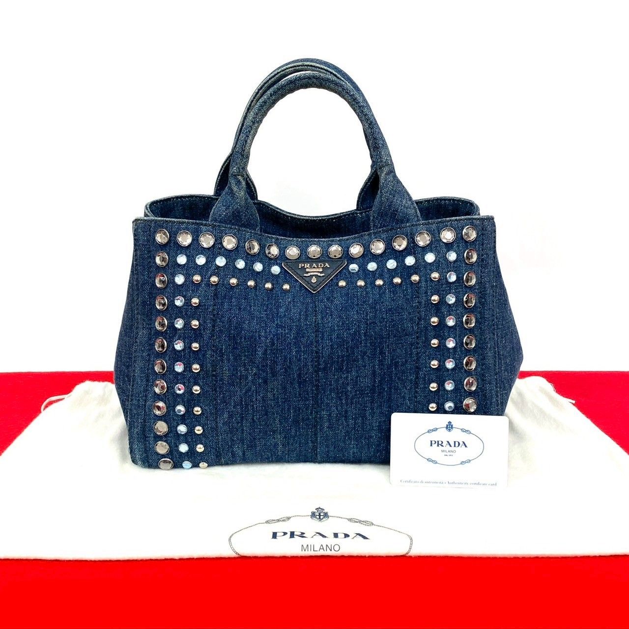 PRADA カナパ デニム ビジュー ハンドバッグ 三角ロゴ