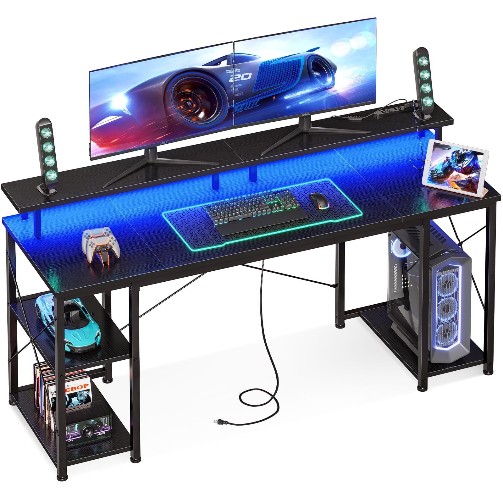 【在庫セール】パソコンデスク コンセントu0026LED付き 机 ゲーミングデスク pcデスク 幅160cm 両側ラックu0026モニター台付き 勉強机 ゲームデスク computer AODK desk ワークデスク オフィスデスク 