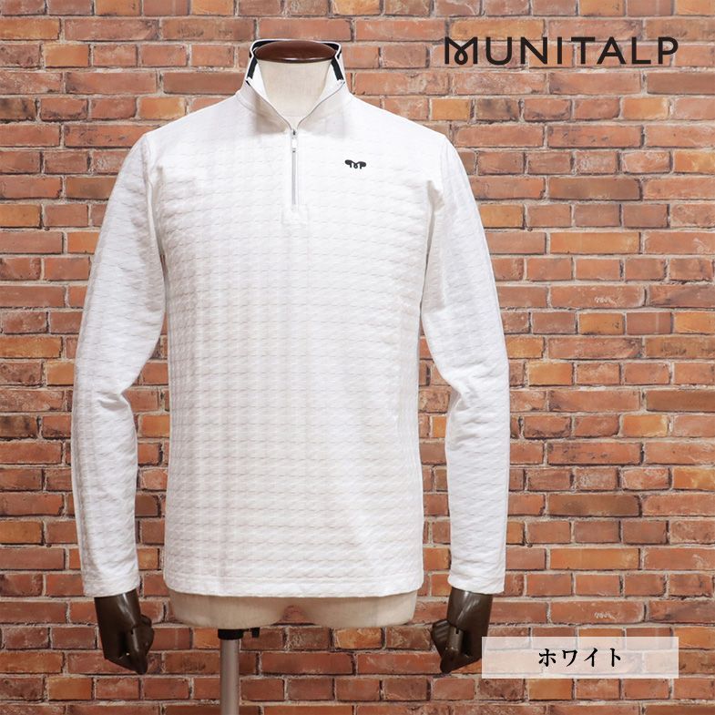 MUNITALP/52(3L)サイズ/ハーフジップ カットソー 吸水速乾 伸縮 ジャガードニット 千鳥格子 日本製 長袖 ゴルフ 新品/白/ホワイト/jd200/
