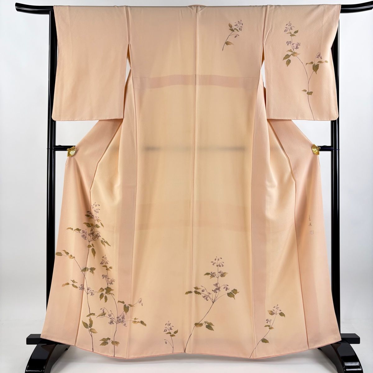 付下げ 身丈163cm 裄丈66cm M 袷 落款 枝花 薄オレンジ 正絹 秀品