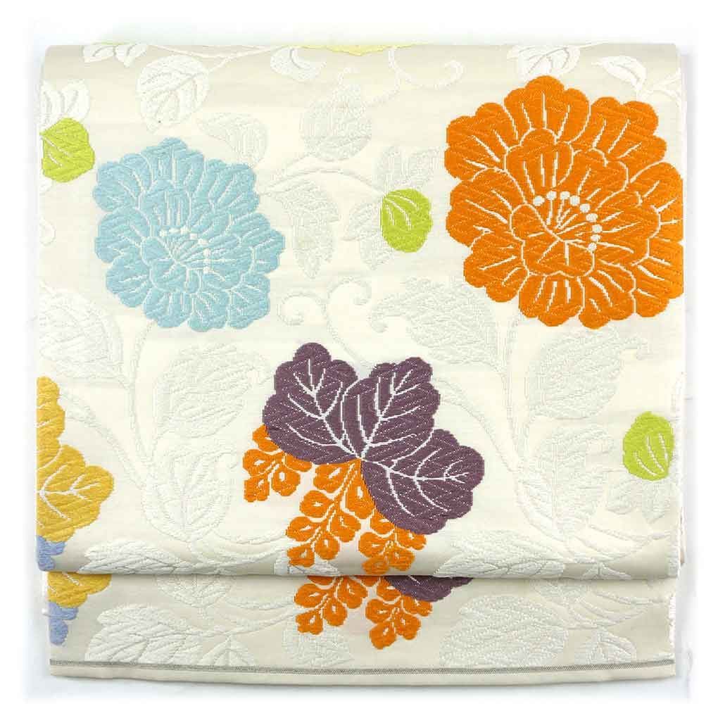 袋帯 幅31cm 長さ445cm レディース 唐織 秋冬春用 正絹 シルク ホワイト ♥品 リメイク リユース リサイクル 呉服のきくや