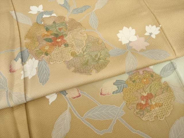 訪問着フルセット　汕頭刺繍　暈し染　地紙花 汕頭刺繍 蘇州刺繍 総刺繍 金糸 訪問着 正絹 花柄 熨斗 山藍摺 青緑