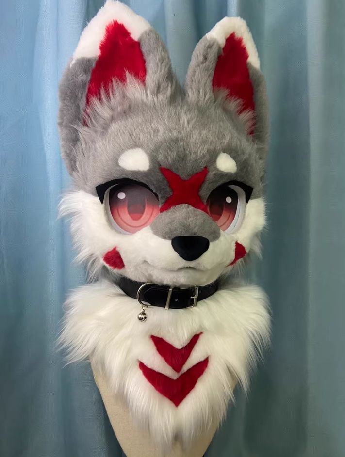 ファースーツ 着ぐるみセット NO.128 狼 犬 グレー 赤 ケモノ ファースーツ 全頭ヘッド ぬいぐるみ コスプレ コスチューム