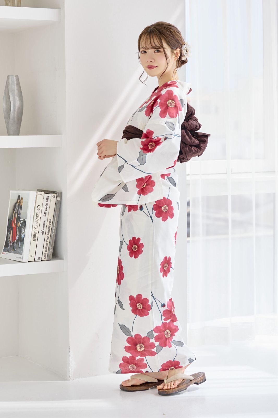 新品⭐大人カワイイ浴衣&浴衣帯 新品 浴衣セット さざんか柄【白地赤/白地青2色展開】 【 赤/Y4