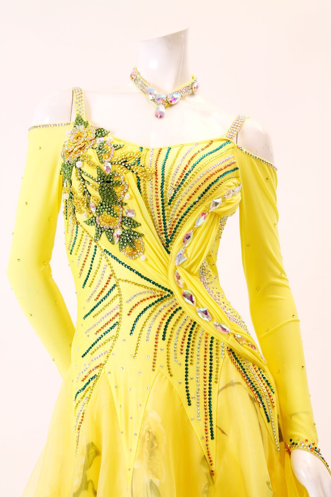 ドレス イエロー×プリント柄 Ｍサイズ コンテスト 発表会 パーティ ナイトドレス オーダーメイド対応可