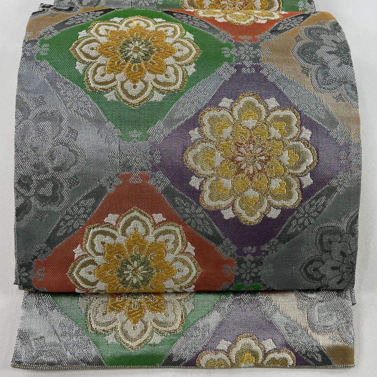 袋帯 美品 秀品 七宝 華文 金銀糸 箔 黒灰 六通 正絹 【中古