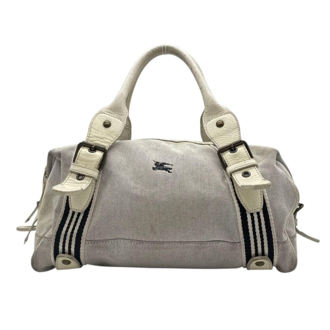 BURBERRY BLUE LABEL バーバリーブルーレーベル ミニボストン グレー ストライプ ホースロゴ レザー×キャンバス 自立可 ワンショルダー 肩掛け可 ハンドバッグ トート u17