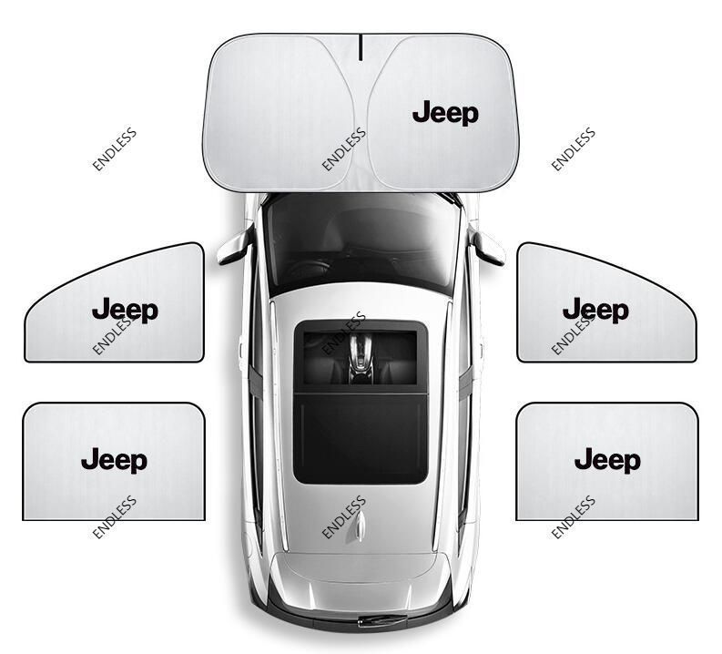 【新品 未使用】車用サンシェード ジープ Jeep ロゴ 5枚セット フロントサンシェード 前席 後部座席  車中泊 車窓日よけ 防虫ネット 紫外線 UVカット 遮光 内装 仮眠  授乳