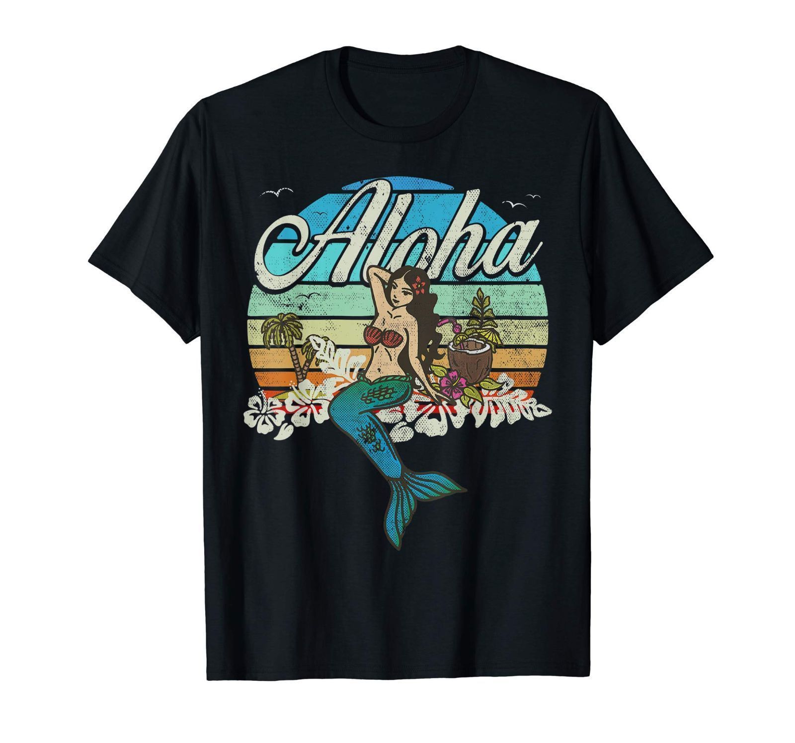ヴィンテージ、レトロ、ハワイアンマーメイドバケーションサンセット Tシャツ
