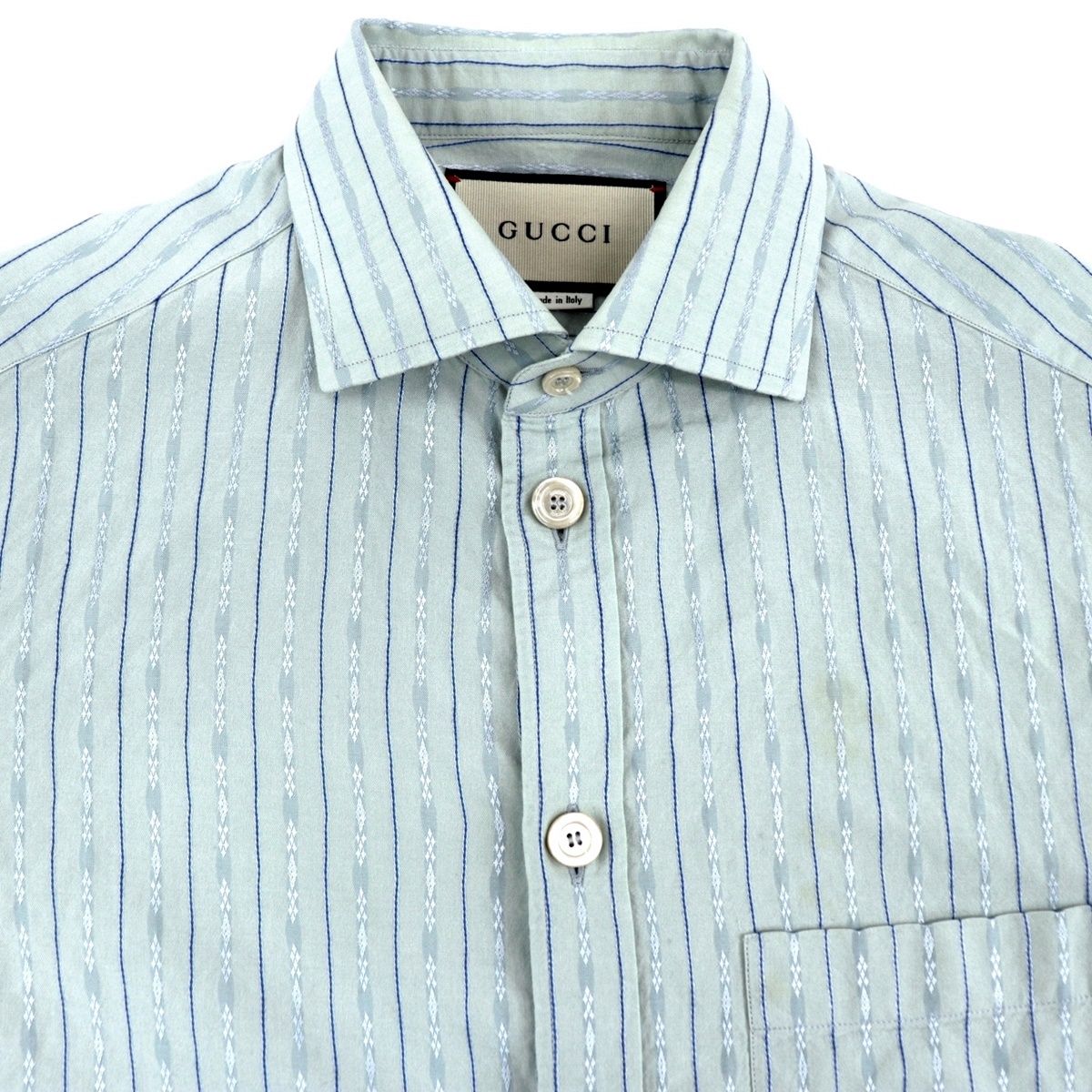 グッチ 19AW ストライプ ロゴ刺繍 長袖シャツ メンズ コットン 水色 青