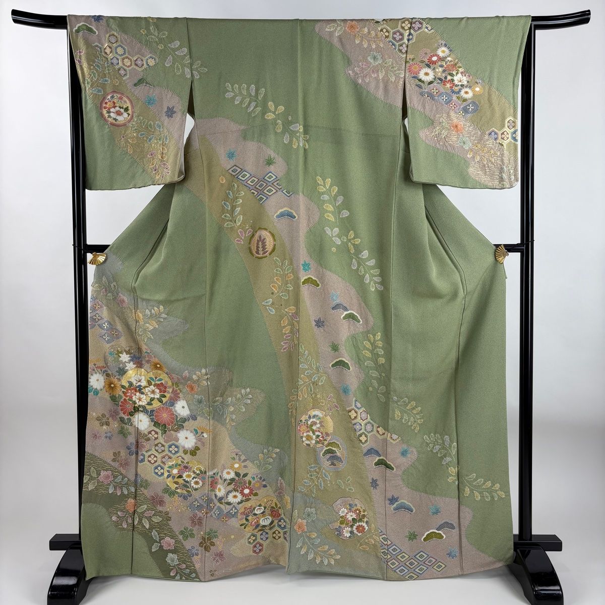 訪問着 身丈166cm 裄丈64cm M 袷 橘花 椿 金糸 刺繍 薄緑 正絹