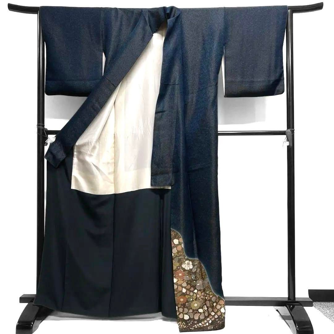 金通し 金駒刺繍 藍染 たたき染め 辻ヶ花 付け下げ 着物 123a p