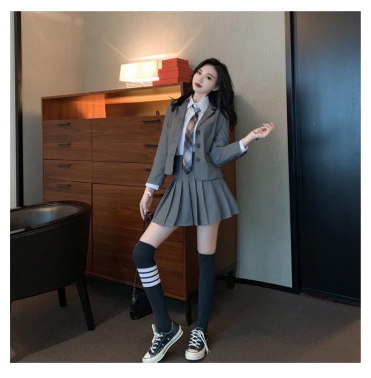  4点セット プリーツスカート 制服 コスプレ衣装 ジャケット 女の子 中学生 制服 白シャツ 上下セット JK制服 長袖 おしゃれ ネクタイ スクール 女子高校生 高校生 ブレザー 学生服 韓国 学#cjfj144765