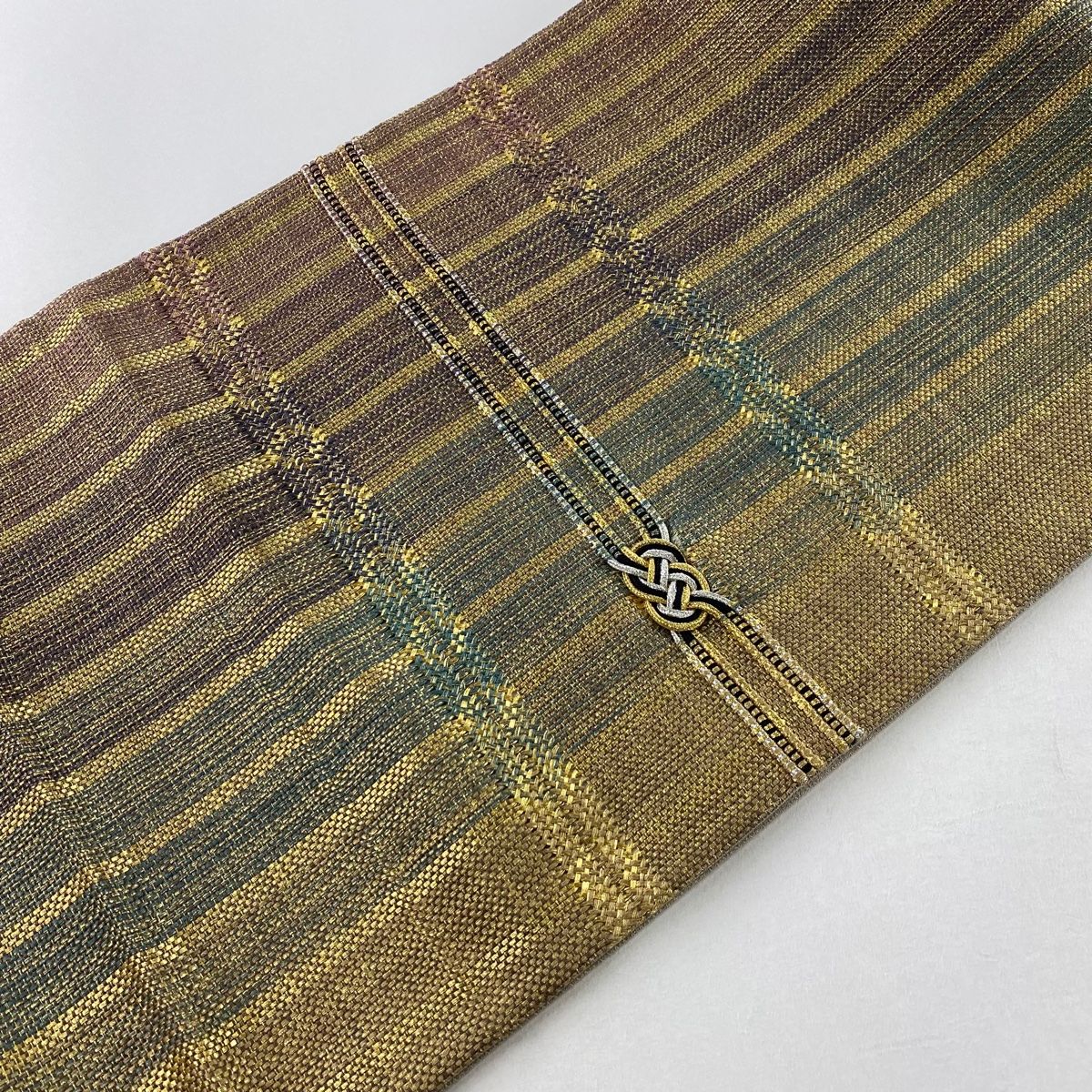 袋帯 美品 秀品 縞 幾何学模様 金銀糸 金色 お太鼓柄 正絹