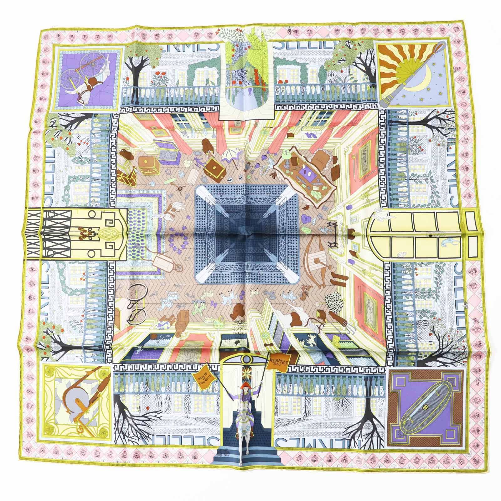 ◎HERMES エルメス カレ90 Objets de Curiosite オブジェ ドゥ キュリオジテ シルク100％ BLEU GRES JAUNE SO スカーフ き フランス製 レディース