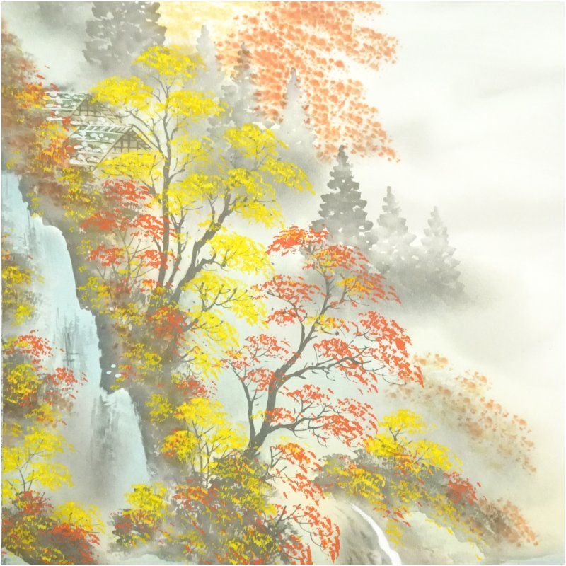 紫雲筆 富士秋景色之図 彩色山水 肉筆絹本掛軸（箱付） 掛け軸 床の間