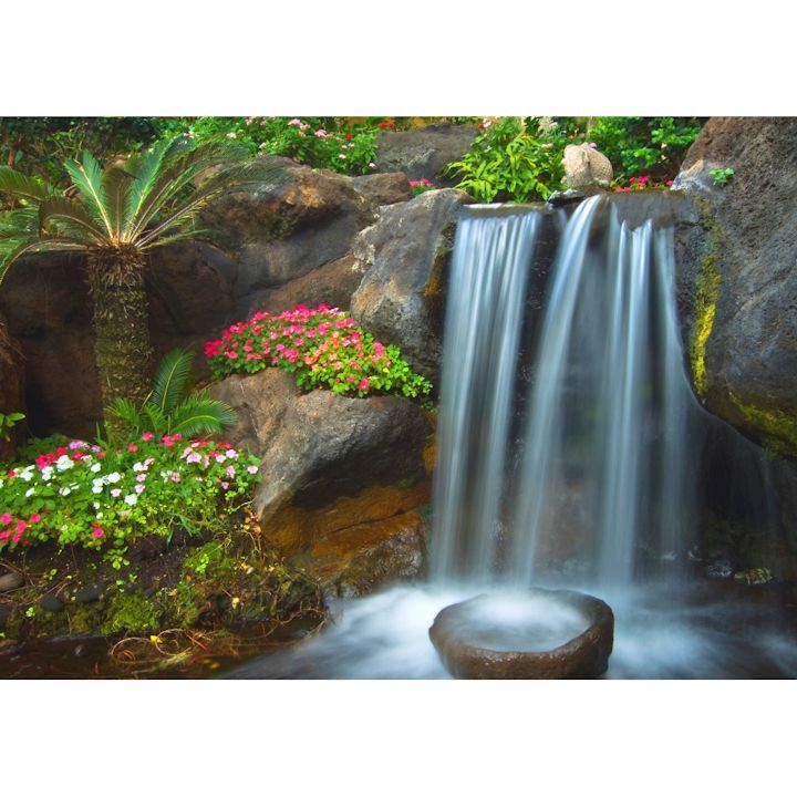 絵画風 壁紙ポスター (はがせるシール式) 小さな滝 滝 石 ペチュニアの花 パルマ 癒し リフレッシュ キャラクロ WTF-019A2 (A2版 594mm×420mm) ＜日本製＞ ウォールステッカー お風呂ポスター