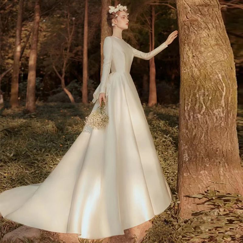 ウェディングドレス 長袖 サテン 春季 ウェディングドレス パーティードレス セクシー スリムFS5626