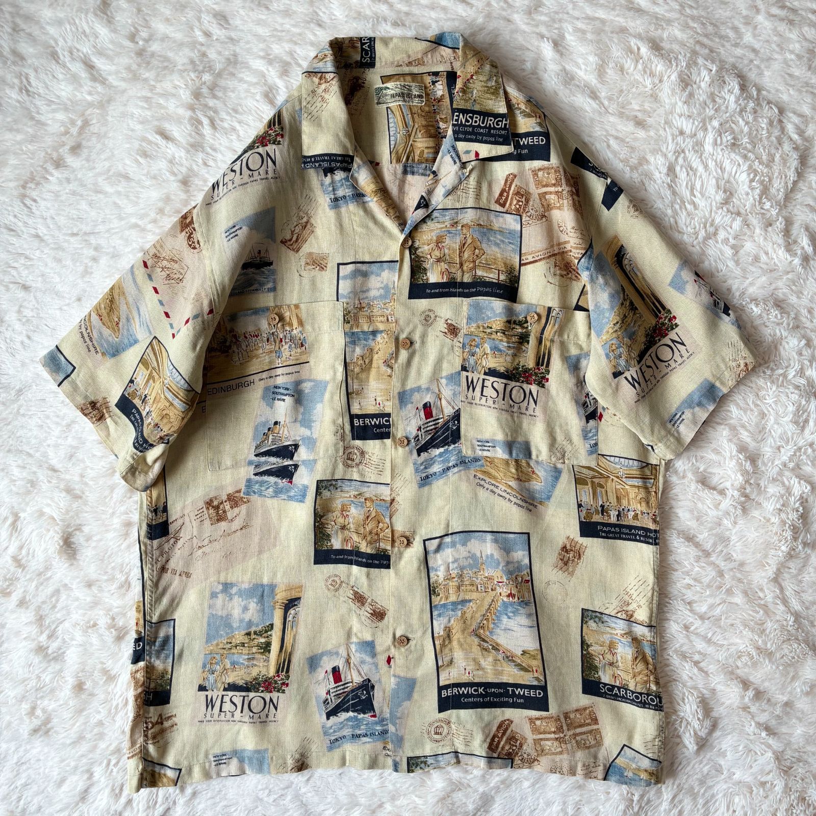 極美品 PAPAS ISLAND パパスアイランド リネン 麻 アロハシャツ