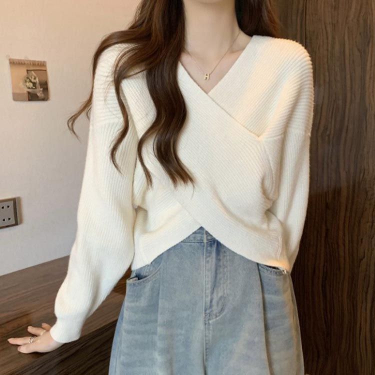 クロスニットトップス カシュクール風 クロスニット トップス カシュクール風 ボーダー柄 ニット