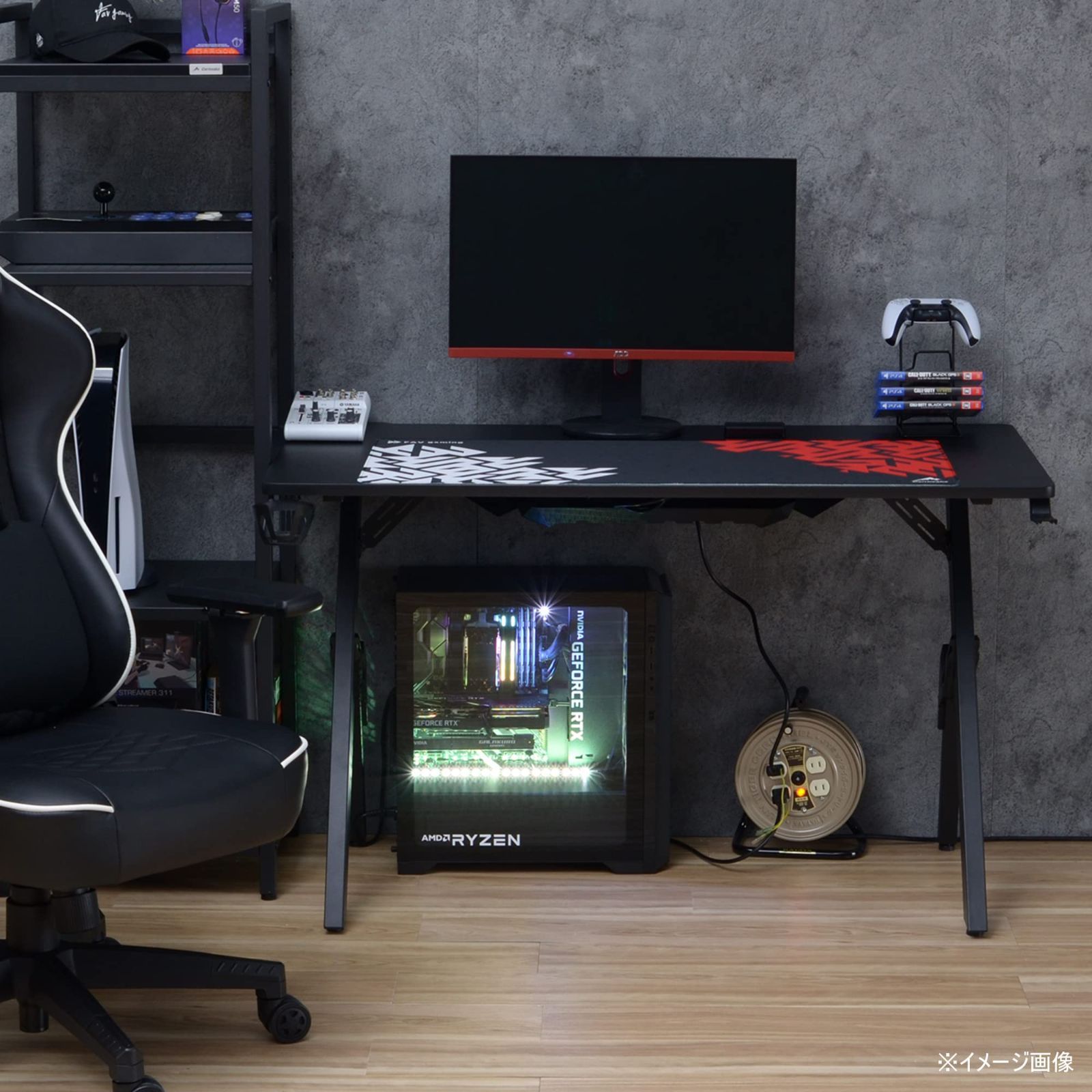 Contieaks コンティークス ゲーミングデスク カップホルダーヘッドフォンホルダーコントローラーホルダー付属 幅119×奥行59×高さ70cm ブラック ロワイヤル 391792