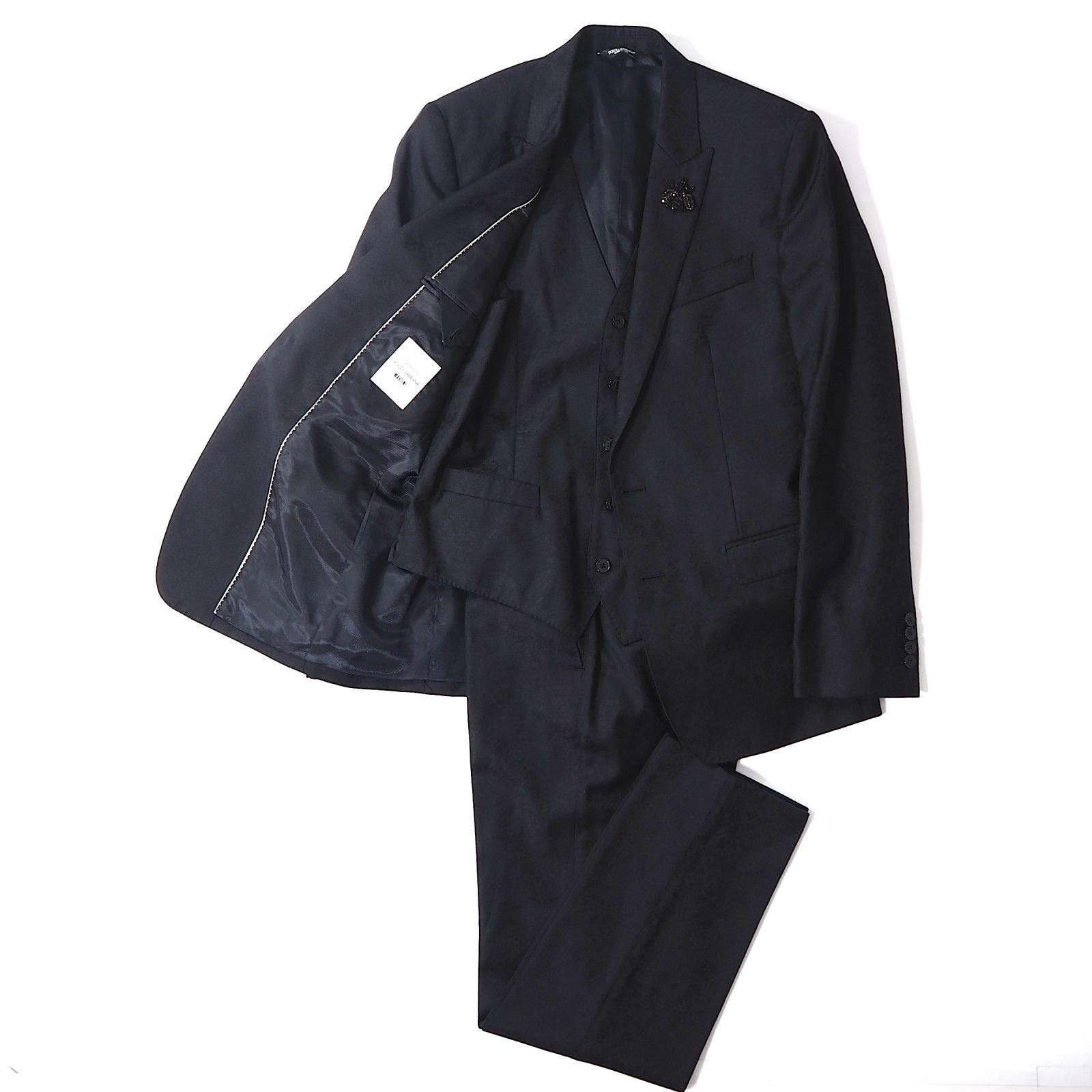 ドルチェ＆ガッバーナ DOLCE＆GABBANA 現行 ブローチ付 3ピース スーツ セットアップ 48 ブラック 総柄 メンズ 5-ZE013