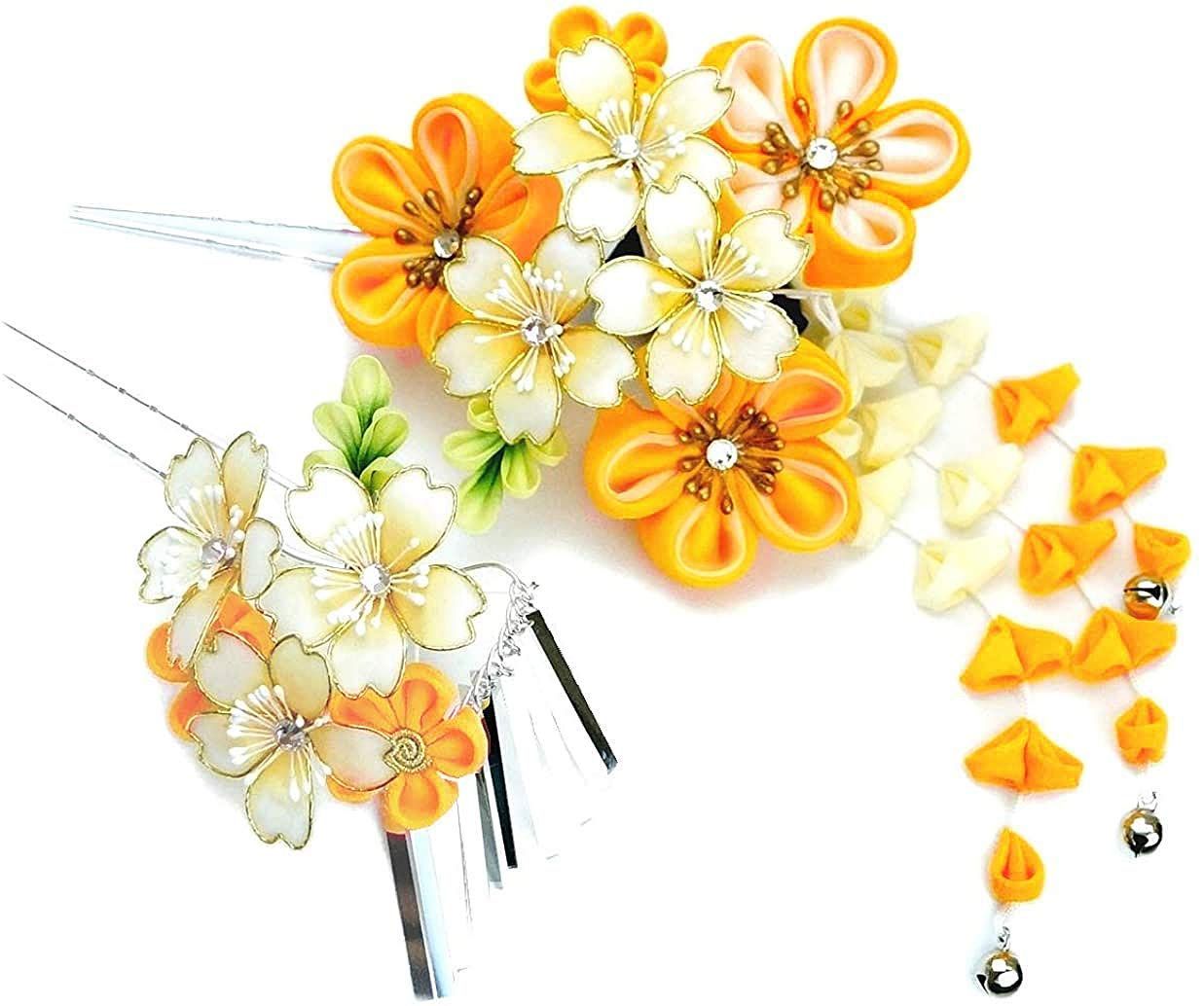 wk-346 成人式 黄色 振袖 つまみ細工 髪飾り２点セット 桜 京都うさぎ堂 銀ビラ